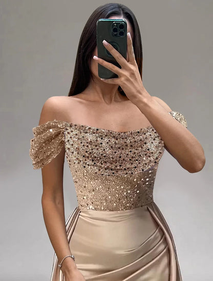 Vestido de noche de sirena/trompeta, para fiesta, boda, graduación, largo hasta el suelo, manga corta, hombros descubiertos, satén con perlas y lentejuelas, sobrefalda