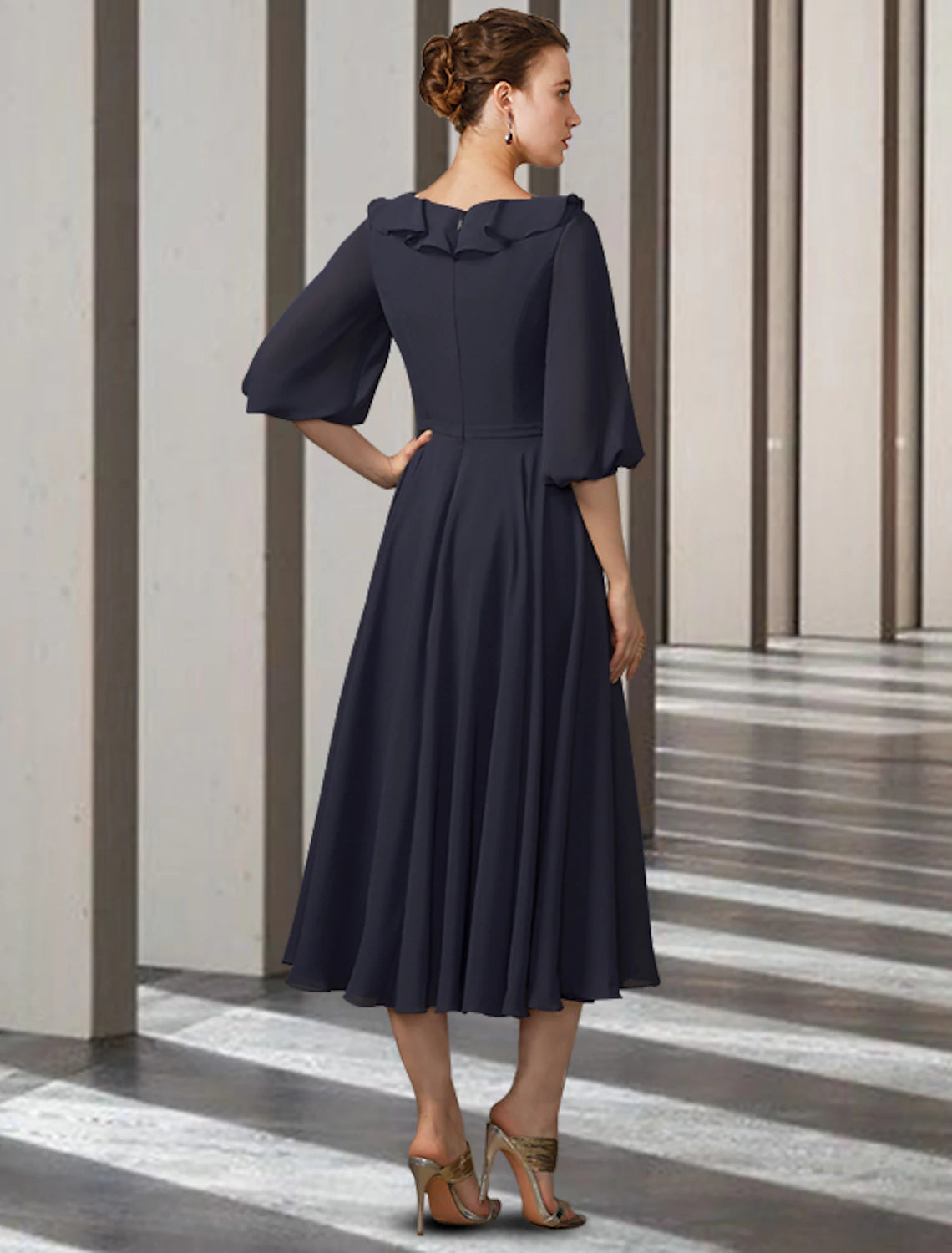 A-Line Mother of the Bride Dress Elegant Jewel Neck Tea Length Chiffon Half Sleeve with Pleats Ruffles