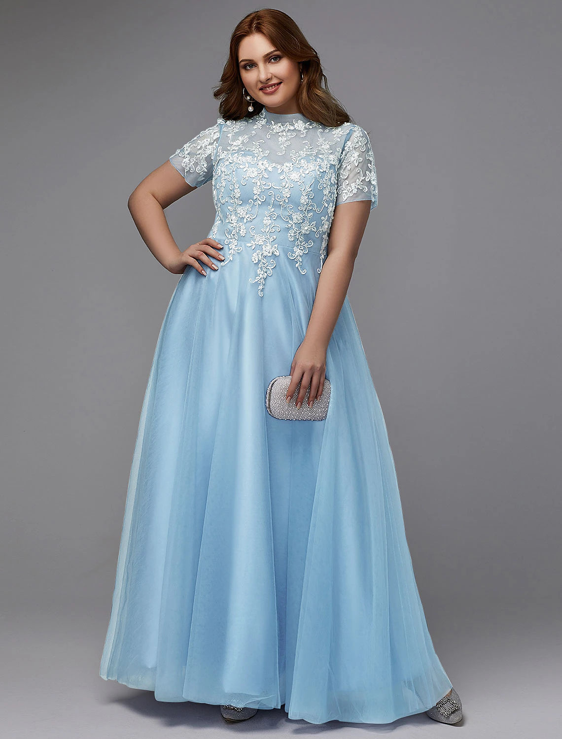 Vestido de talla grande de corte A para invitada de boda, baile de graduación, largo hasta el suelo, manga corta, cuello alto, encaje con cordones y apliques