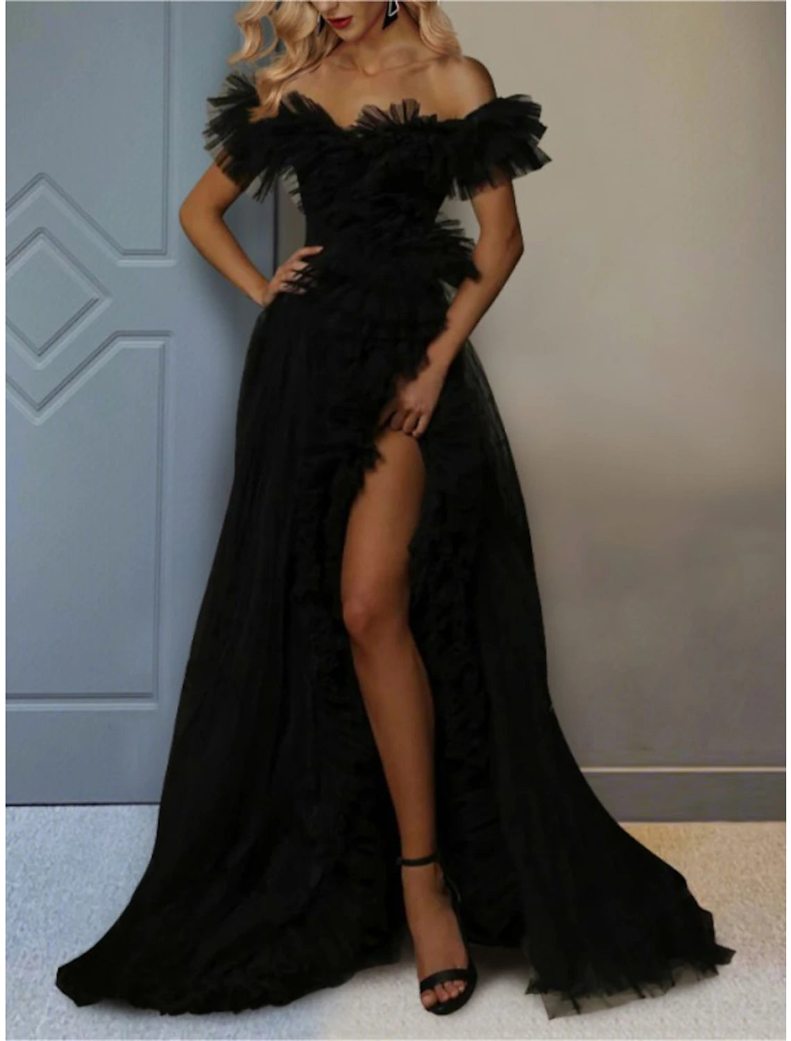 Vestido de fiesta de corte A, plisado en capas, para boda, cola larga, manga corta, hombros descubiertos, tul con abertura fruncida