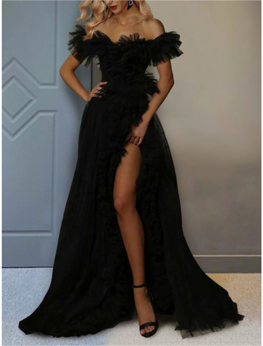 Vestido de fiesta de corte A, plisado en capas, para boda, cola larga, manga corta, hombros descubiertos, tul con abertura fruncida