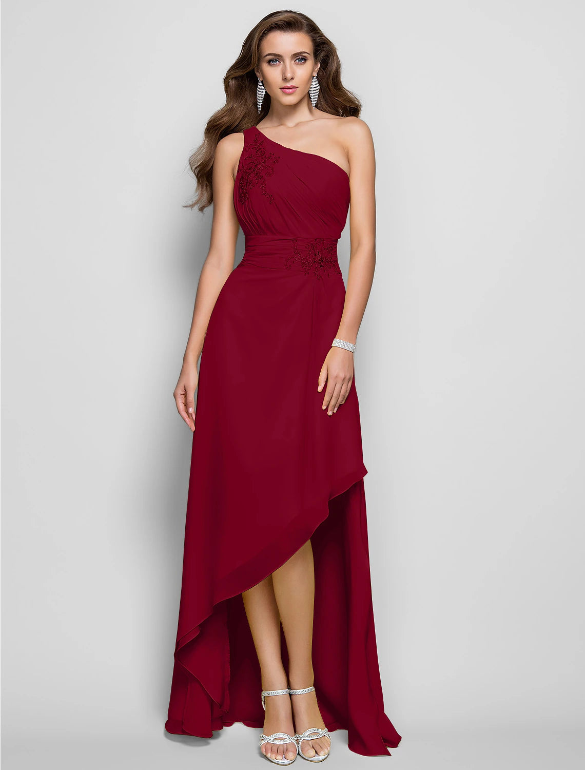Vestido elegante de corte tubo/columna para invitada de boda, cóctel, asimétrico, sin mangas, un hombro, dama de honor, de gasa con apliques de abertura y cuentas.