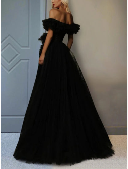 Vestido de fiesta de corte A, plisado en capas, para boda, cola larga, manga corta, hombros descubiertos, tul con abertura fruncida