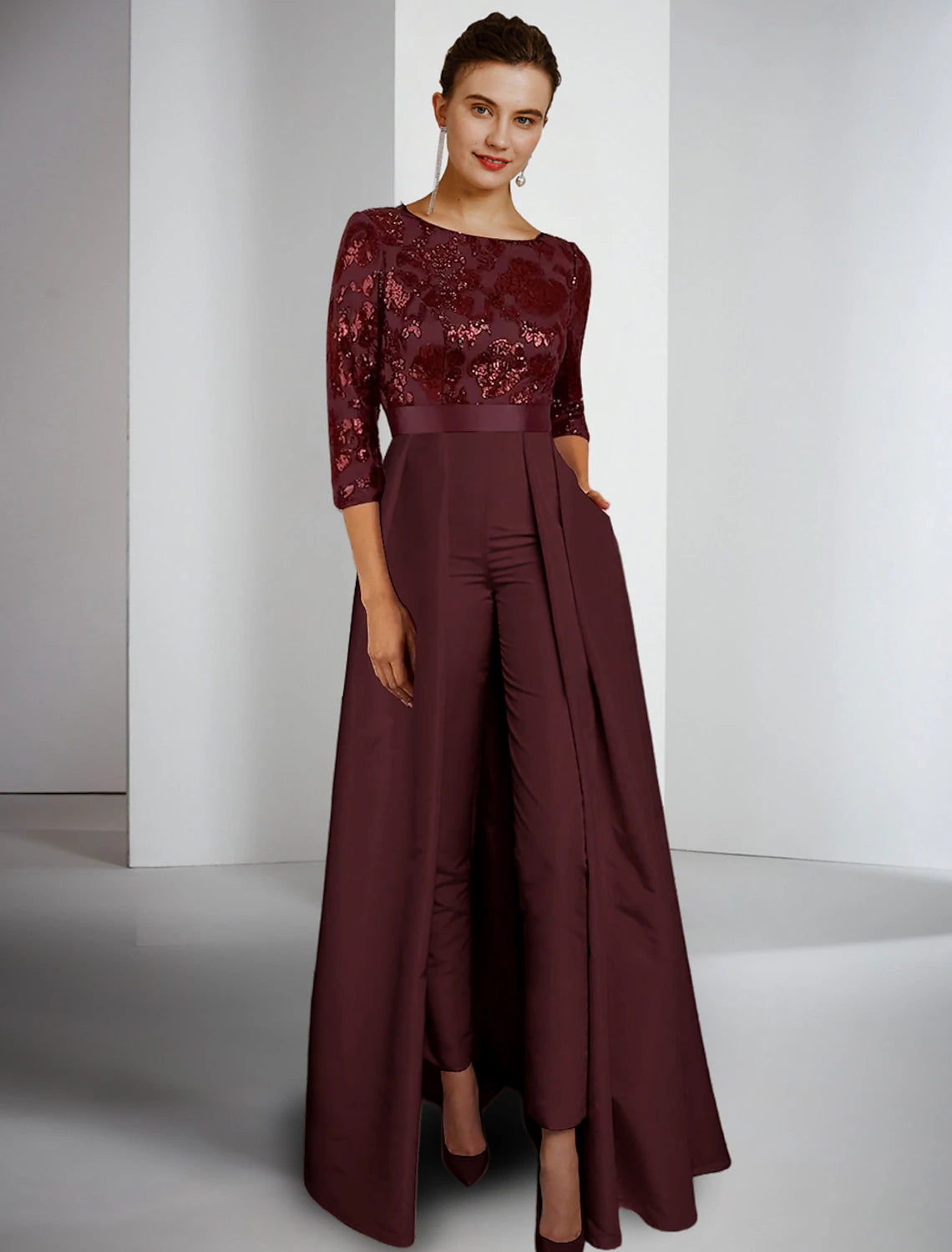 Jumpsuit / Pantsuit Mother of the Bride Dress Formal Wedding Guest Elegant Scoop Neck Floor Length Lace Taffeta Sequined 3/4 Length Sleeve with Pleats Solid Color