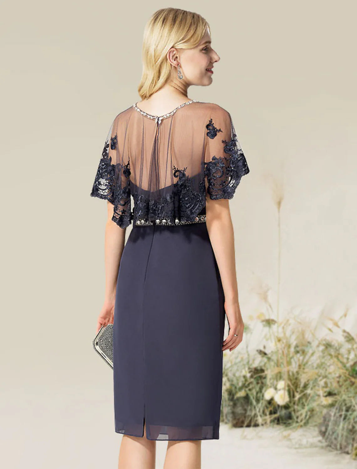 Vestidos de cóctel con corte tubo/columna, convertibles, infinitos, para invitados de boda, cóctel, largo hasta la rodilla, manga corta, sin tirantes, encaje con apliques de encaje