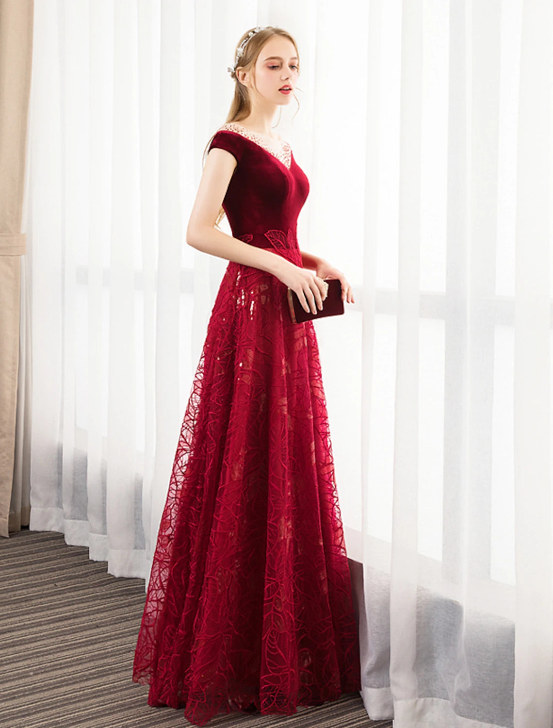 A-Line Prom Dresses Glittering Dress Engagement Prom Floor Length Short Sleeve Jewel Neck Tulle with Pleats Crystals Pattern / Print