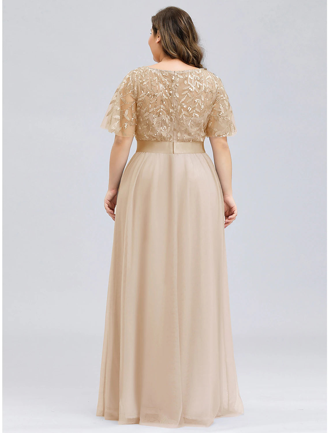 A-Linie Ballkleider Übergröße Kleid Hochzeitsgast Bodenlang Kurzarm Rundhals Chiffon mit Applikationen