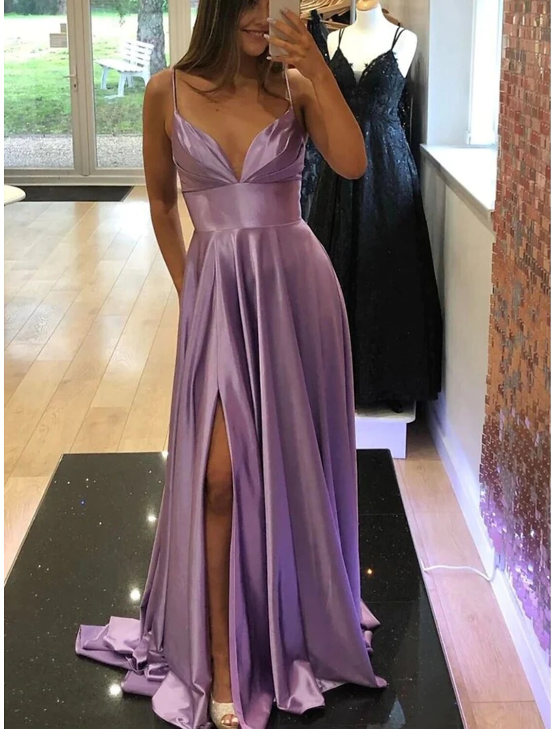 A-Line Prom Dresses Empire Dress Wedding Party Black Tie Gala Court Train Sleeveless V Neck Charmeuse Backless with Slit