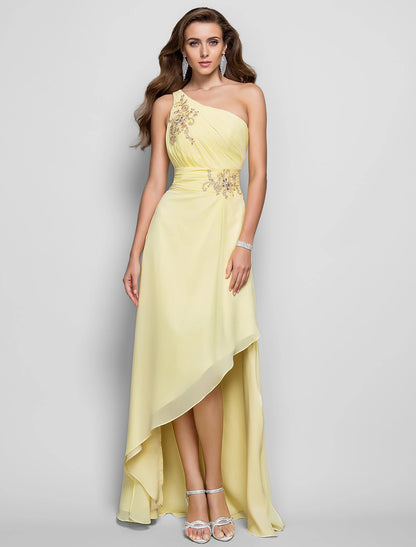 Vestido elegante de corte tubo/columna para invitada de boda, cóctel, asimétrico, sin mangas, un hombro, dama de honor, de gasa con apliques de abertura y cuentas.