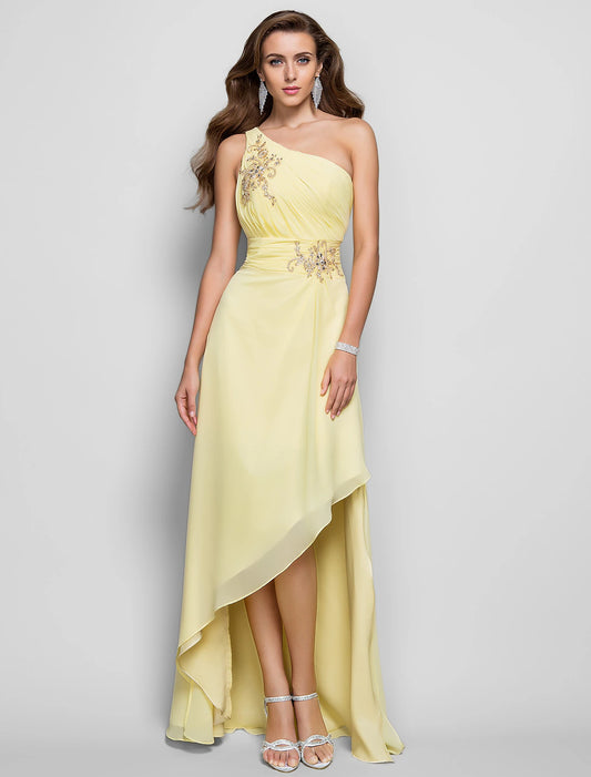 Vestido elegante de corte tubo/columna para invitada de boda, cóctel, asimétrico, sin mangas, un hombro, dama de honor, de gasa con apliques de abertura y cuentas.