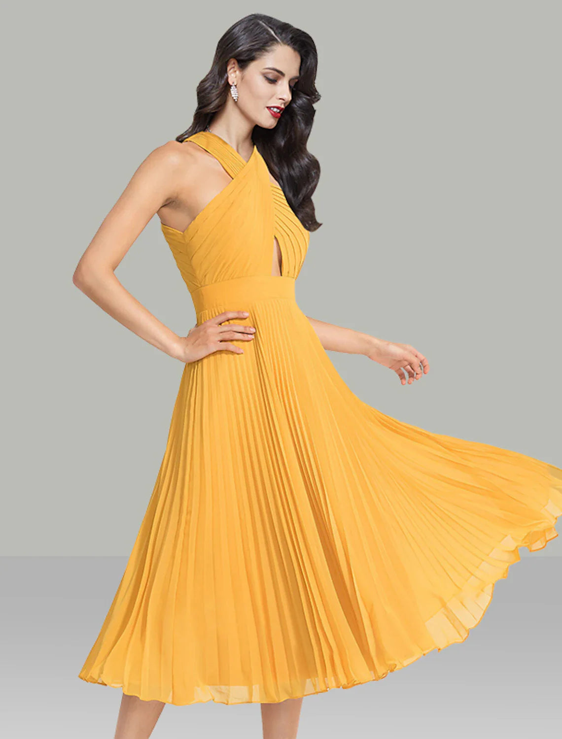 Vestidos de invitada de boda de corte A, elegante vestido de cóctel, fiesta de bodas, largo hasta la rodilla, sin mangas, cuello halter, gasa con fruncido