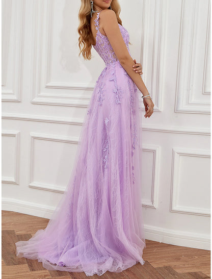 Vestido de fiesta de graduación de corte A, transparente, formal, con cola larga y escote corazón, sin mangas, de tul, sin espalda, con apliques de abertura y cuentas.