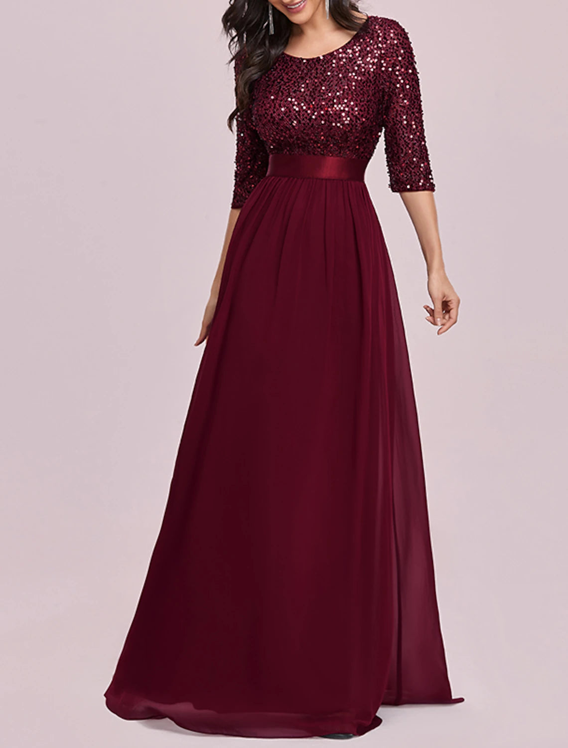 A-Line Mother of the Bride Dress Wedding Guest Plus Size Elegant Jewel Neck Floor Length Tulle Sequined 3/4 Length Sleeve with Sequin Fall