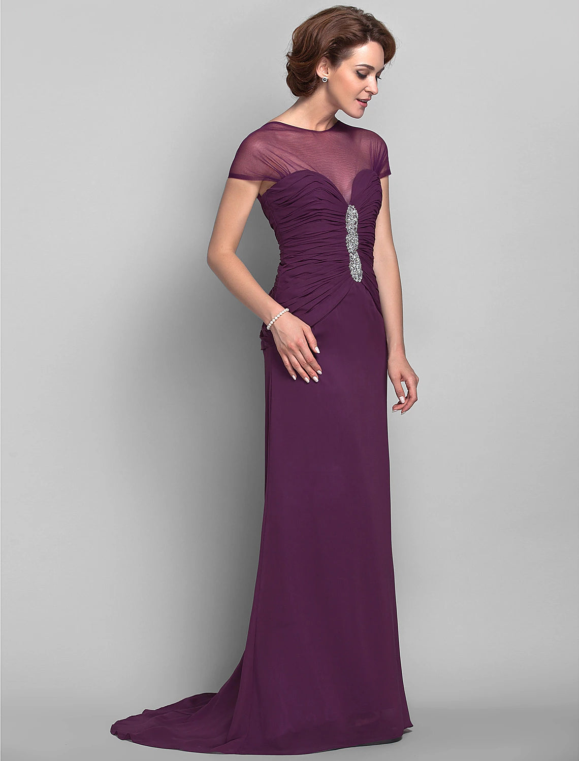 Sheath / Column Mother of the Bride Dress See Through Jewel Neck Sweep / Brush Train Chiffon Tulle Short Sleeve with Beading Side Draping