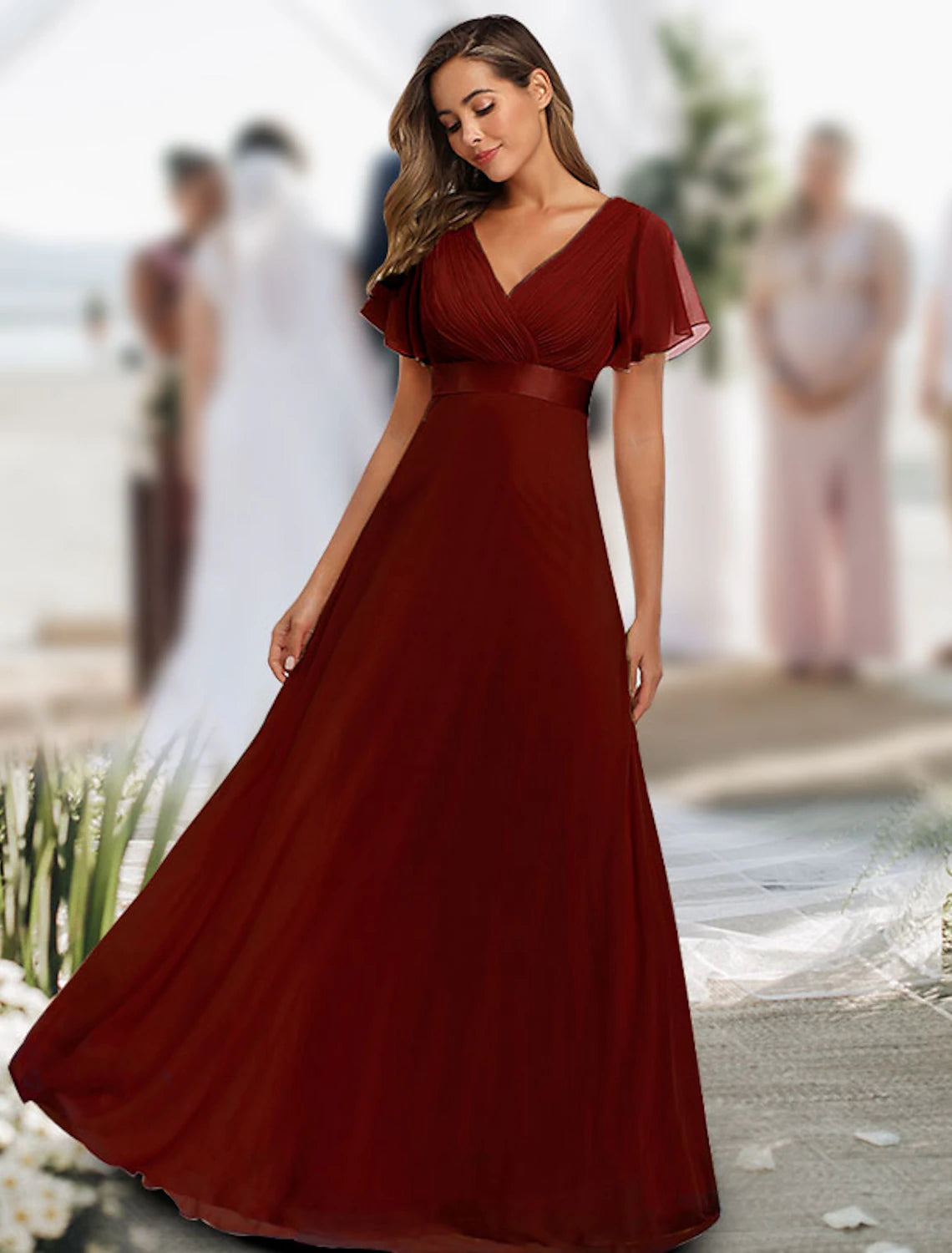 A-Line Prom Dresses Maxi Dress Fall Wedding Guest Dress For Bridesmaid Floor Length Short Sleeve V Neck Chiffon V Back with Ruched Ruffles