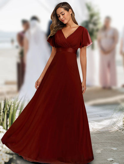 A-Line Prom Dresses Maxi Dress Fall Wedding Guest Dress For Bridesmaid Floor Length Short Sleeve V Neck Chiffon V Back with Ruched Ruffles