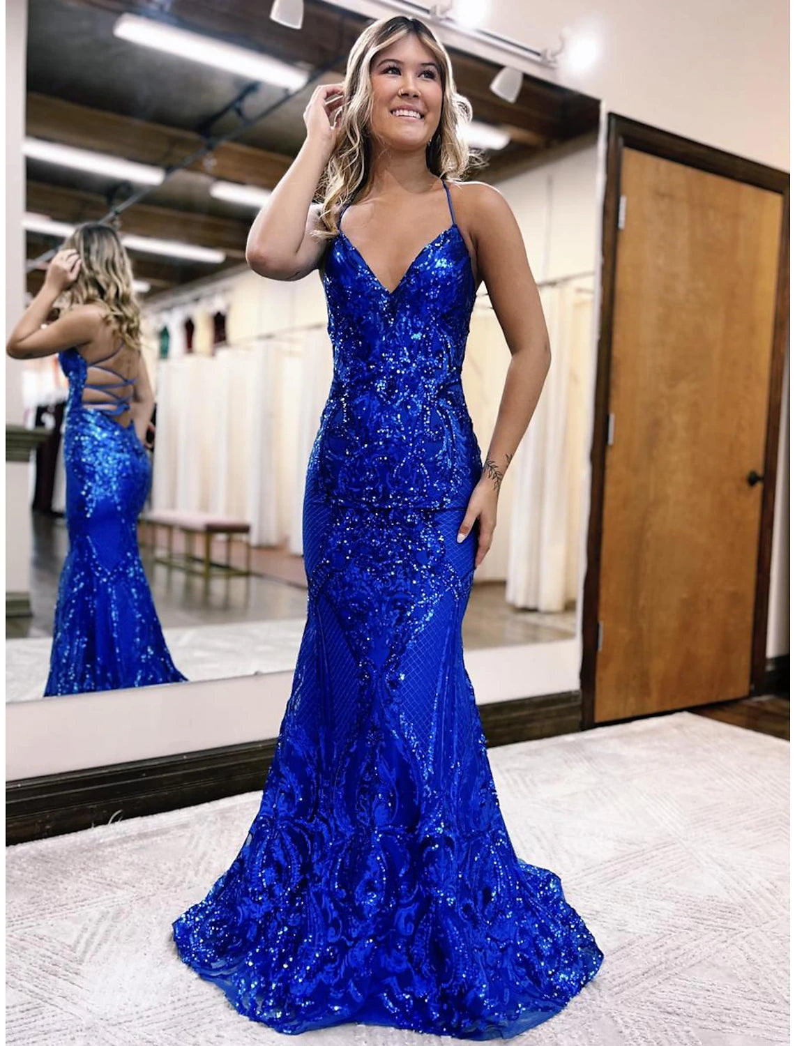 Vestidos de fiesta de sirena/trompeta con brillo y destellos, vestido formal para fiesta de bodas, cola larga/cepillo, sin mangas, cuello en V, lentejuelas, espalda descubierta con lentejuelas brillantes