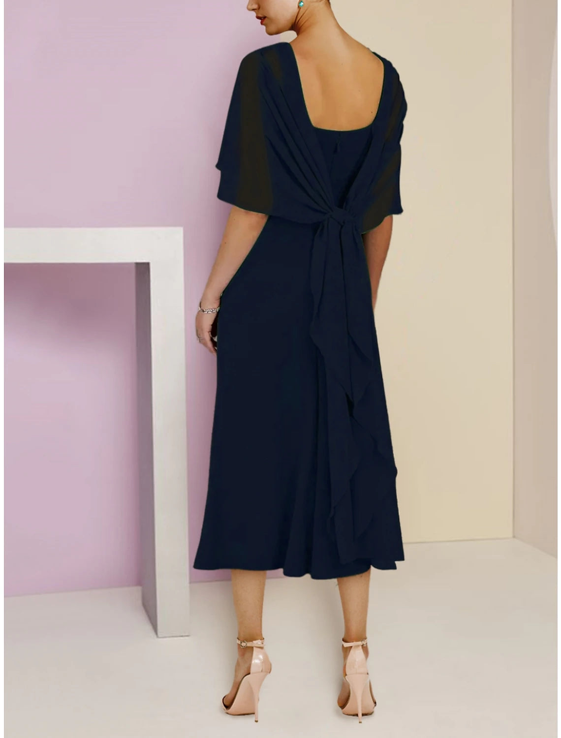 Sheath / Column Mother of the Bride Dress Wedding Guest Simple Elegant Scoop Neck Tea Length Chiffon Short Sleeve with Ruching Solid Color