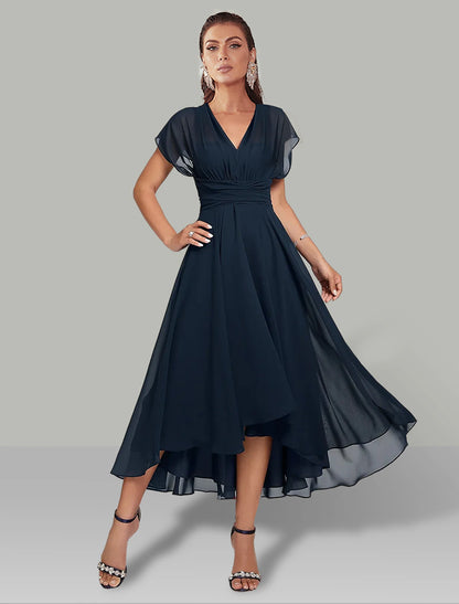 A-Linie Hochzeitsgastkleider Elegantes Kleid Formelle Hochzeitsfeier Teelänge Ärmellos Eine Schulter Herbst Hochzeitsgast Chiffon mit Rüschen