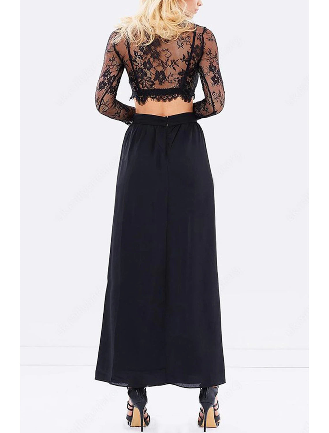 Two Piece A-Line Prom Dresses High Split Dress Formal Prom Floor Length Long Sleeve Jewel Neck Chiffon with Slit