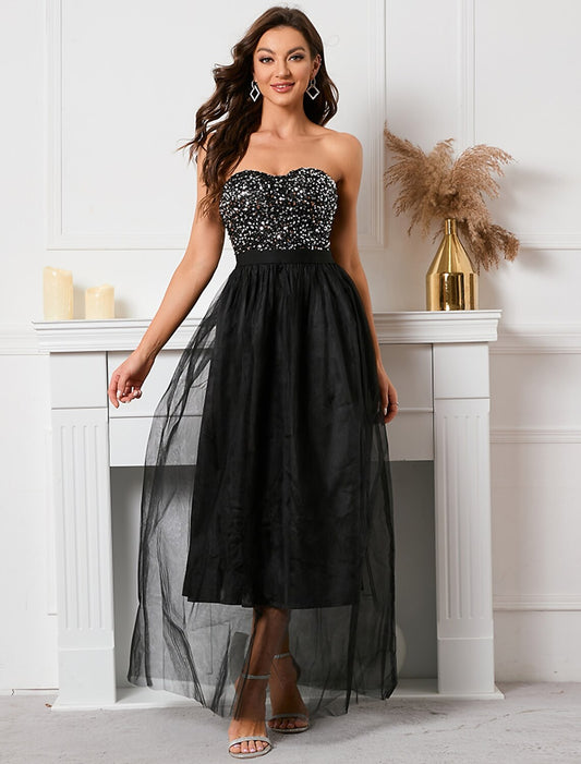 Vestidos de fiesta de corte A, vestido vintage, vacaciones, verano, largo hasta el suelo, sin mangas, sin tirantes, con lentejuelas