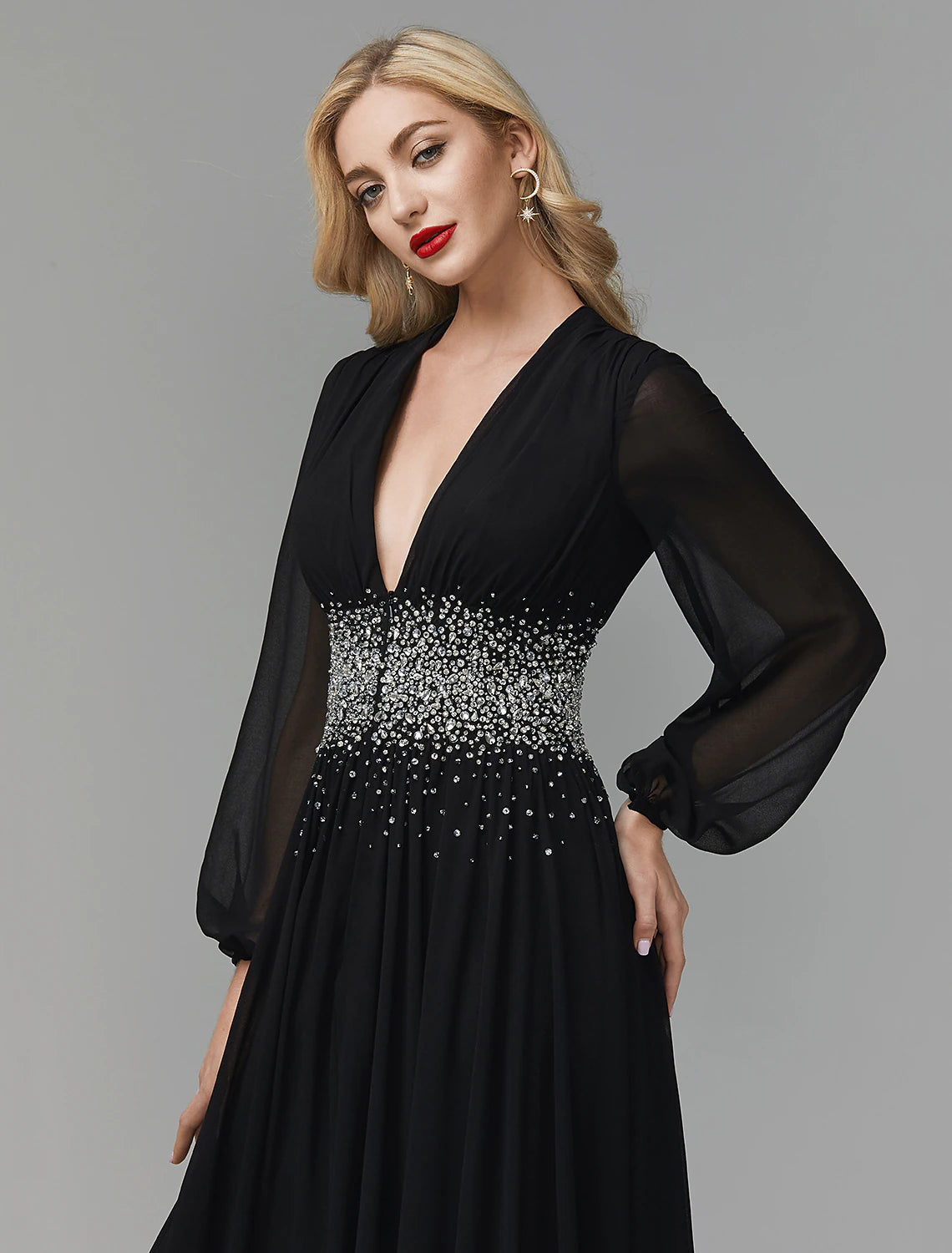 A-Line Evening Dress Celebrity Red Carpet Formal Gown Party Dress Black Tie Wedding Guest Floor Length Long Sleeve V Neck Chiffon with Sequin