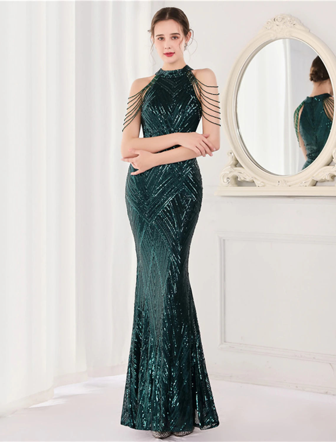 Vestido de fiesta de sirena, vestido de graduación, vestido brillante y resplandeciente, vestido formal para invitados de boda, largo hasta el suelo, sin mangas, cuello halter, con lentejuelas
