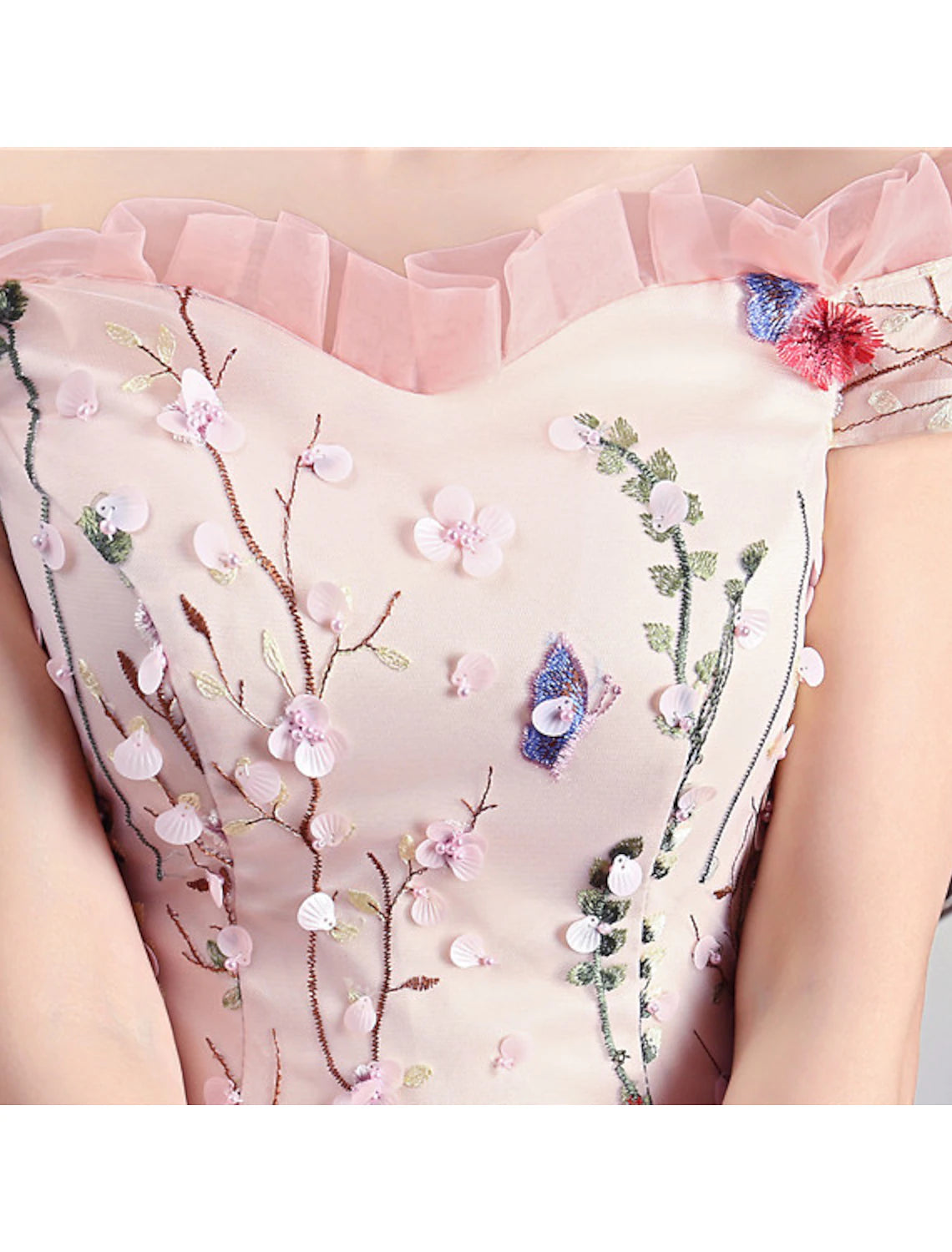 Vestidos de fiesta de lujo, vestido de quinceañera, largo hasta el suelo, manga corta, hombros descubiertos, tul con pliegues y bordado