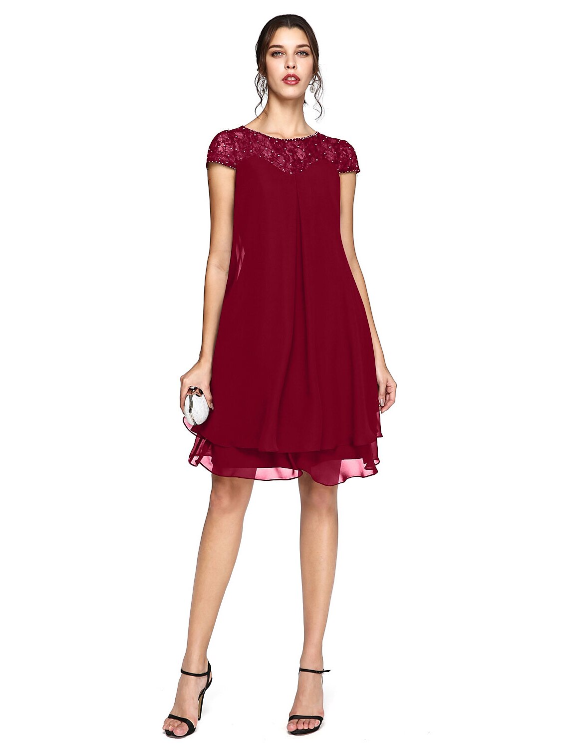 Vestido de madre de la novia de corte A, talla grande, elegante, cuello ilusión, largo hasta la rodilla, gasa, encaje, manga corta con lentejuelas