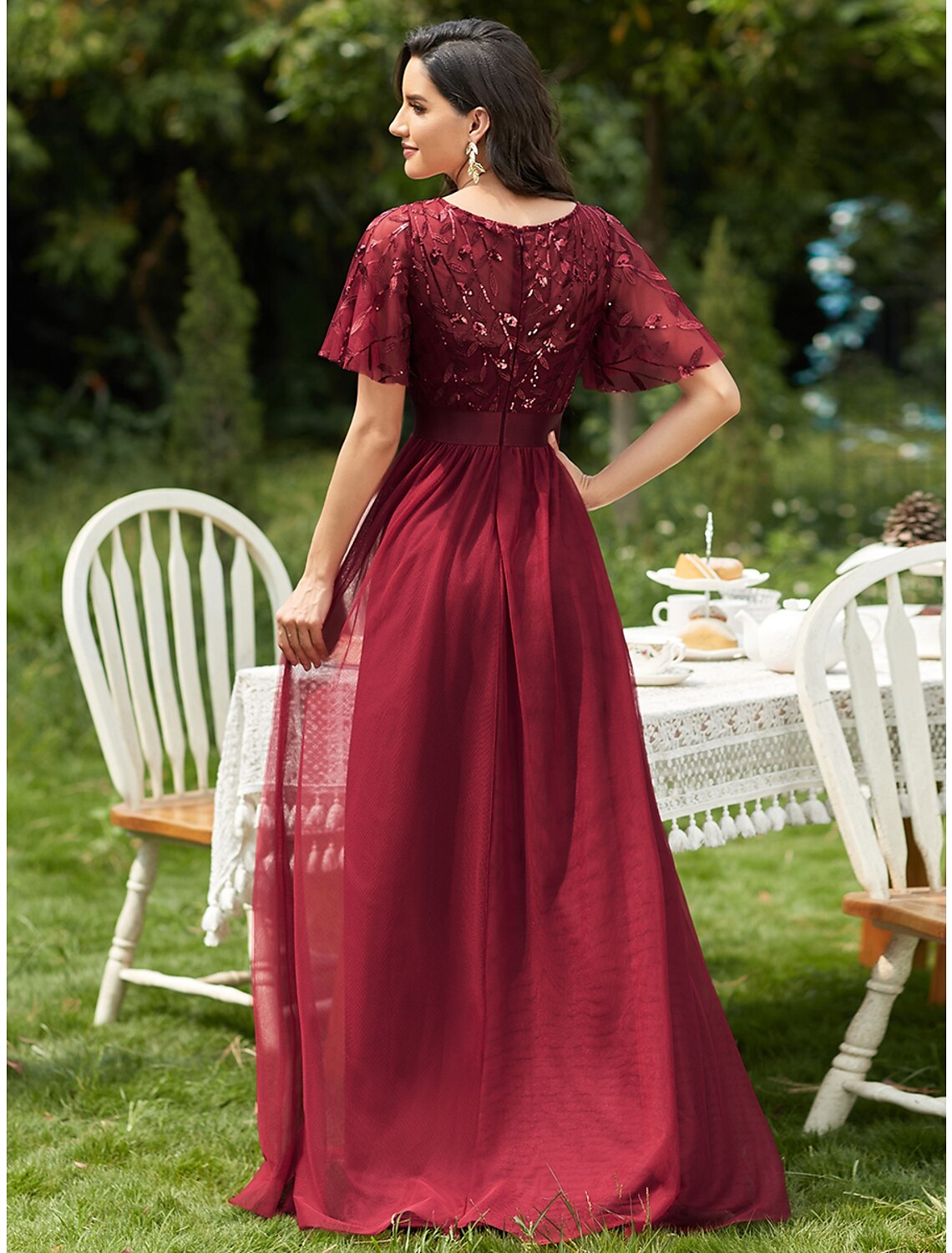 A-Line Prom Dresses Vintage Dress Prom Floor Length Short Sleeve Jewel Neck Tulle with Sequin Ruffles Applique