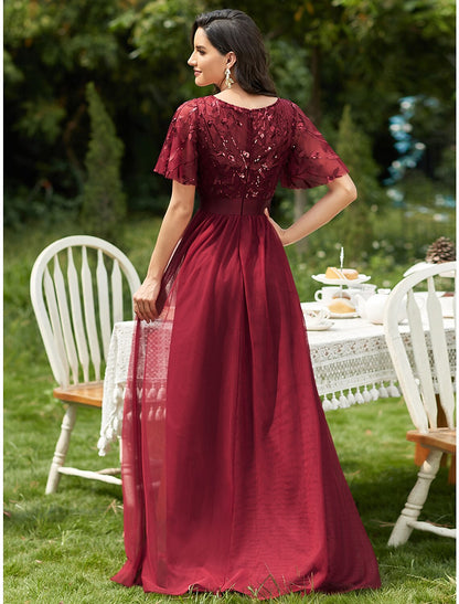 A-Line Prom Dresses Vintage Dress Prom Floor Length Short Sleeve Jewel Neck Tulle with Sequin Ruffles Applique