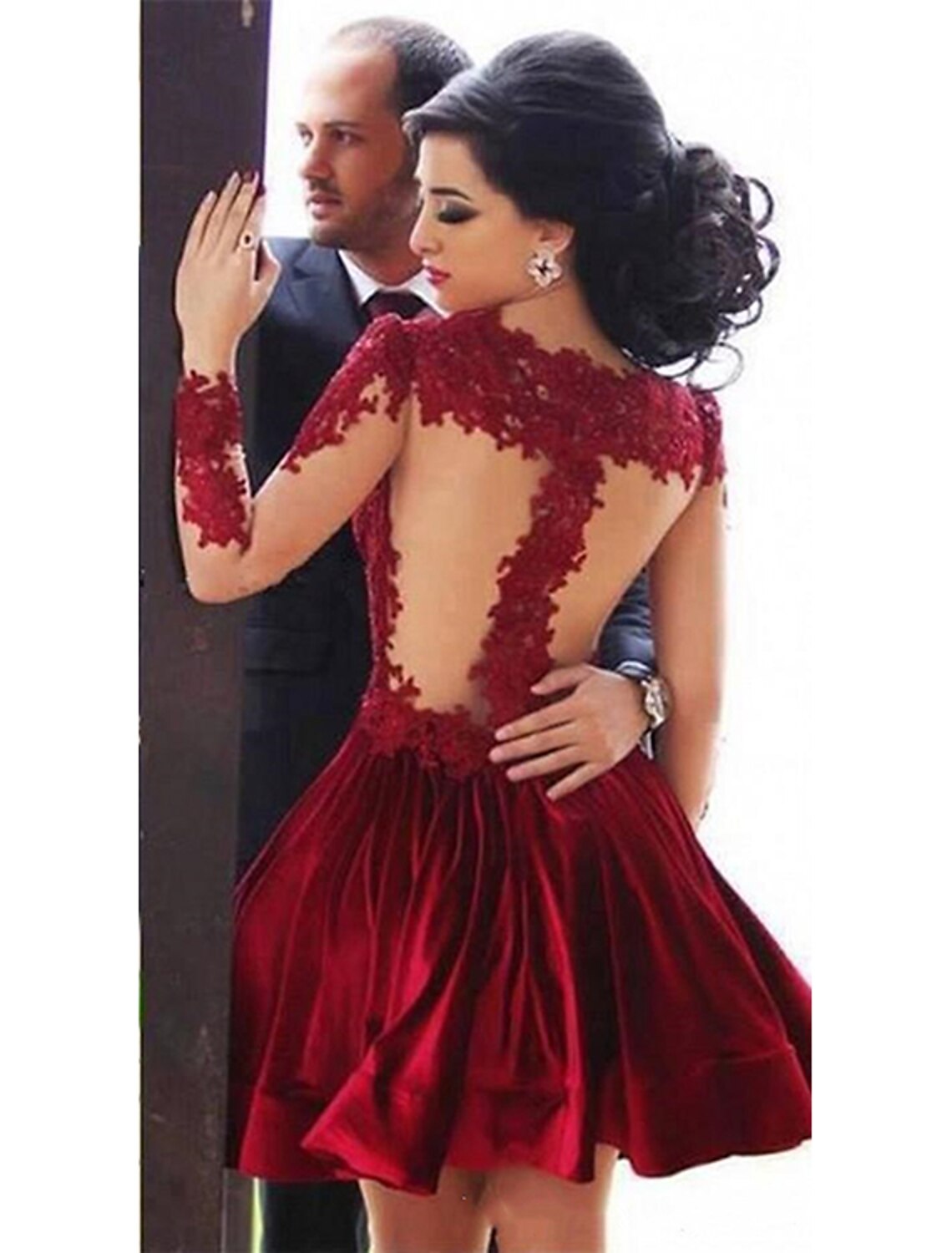 Vestido de cóctel sexy de corte A para fiesta de graduación o San Valentín, escote joya, manga larga, corto/mini, encaje con pliegues y apliques