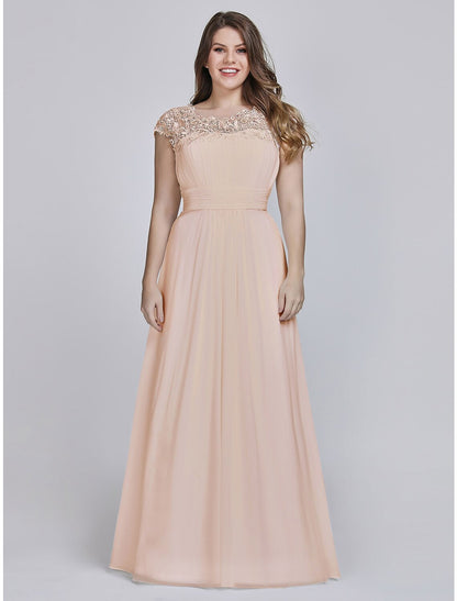 A-Line Mother of the Bride Dress Wedding Guest Plus Size Jewel Neck Floor Length Chiffon Short Sleeve with Lace Ruching Fall