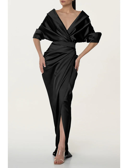 Vestido de noche de corte A, vestido negro, elegante, vestido formal de otoño, cola larga/cortada, media manga, escote en V, satén con abertura fruncida