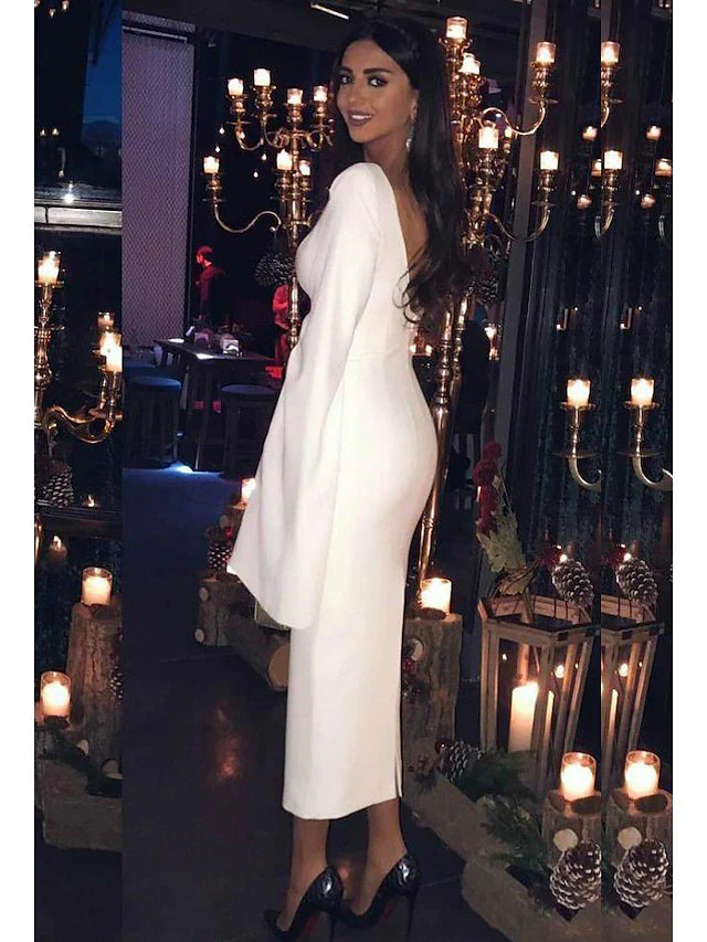 Sheath / Column Cocktail Dresses Party Dress Holiday Tea Length Long Sleeve Jewel Neck Jersey Backless with Sleek Pure Color