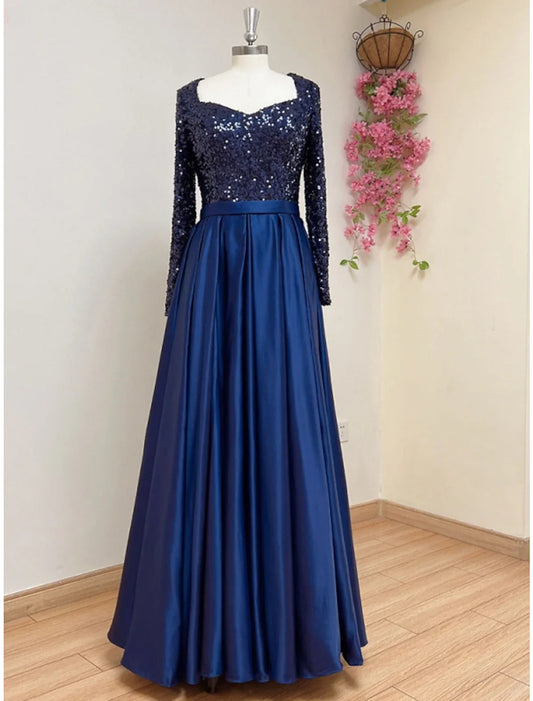 Vestido de noche elegante de corte A, vestido formal de otoño, cola larga, escote cuadrado, satén con pliegues brillantes