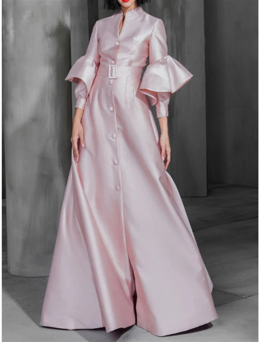 A-Line Prom Dresses Elegant Dress Wedding Guest Prom Floor Length Long Sleeve High Neck Satin with Sash / Ribbon Buttons Ruffles
