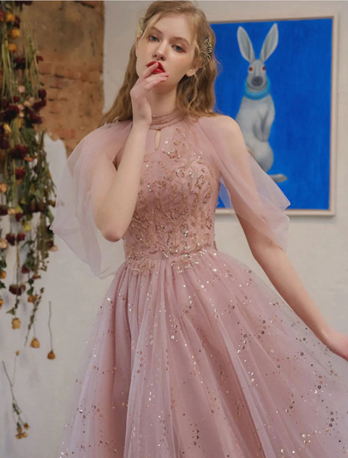 Vestido de cóctel de corte A, vestido de fiesta, graduación, compromiso, largo hasta la rodilla, manga 3/4, cuello joya, tul con apliques de lentejuelas