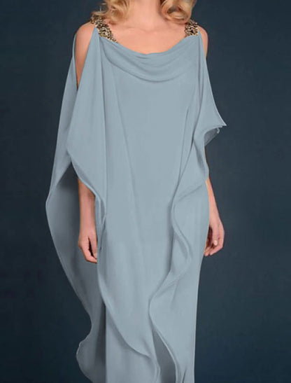 Etuikleid für die Brautmutter, Cape-Kleid, Hochzeitsgast, elegant, Übergröße, Rundhalsausschnitt, bodenlang, Chiffon, halbe Ärmel mit Perlenbesatz, kaskadierende Rüschen