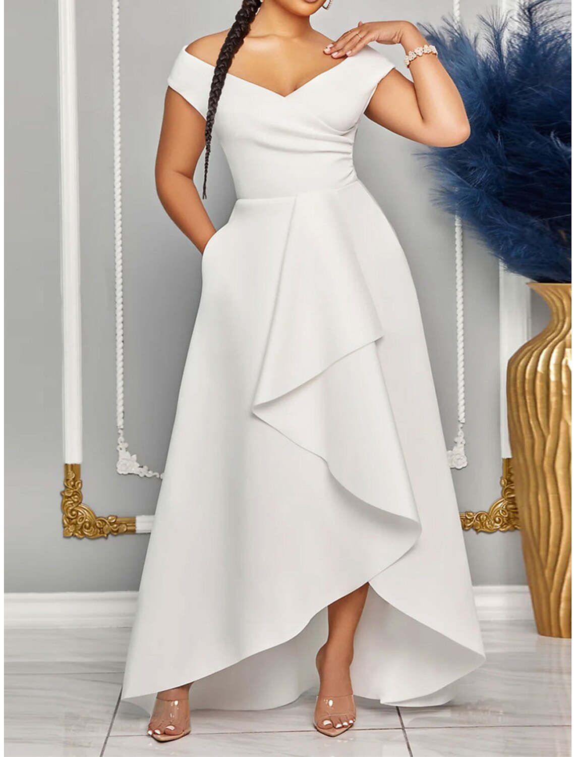 Vestido de fiesta para mujer, vestido de fiesta, vestido de invitada de boda, vestido largo, vestido maxi, negro, blanco, rojo, manga corta, liso, con volantes