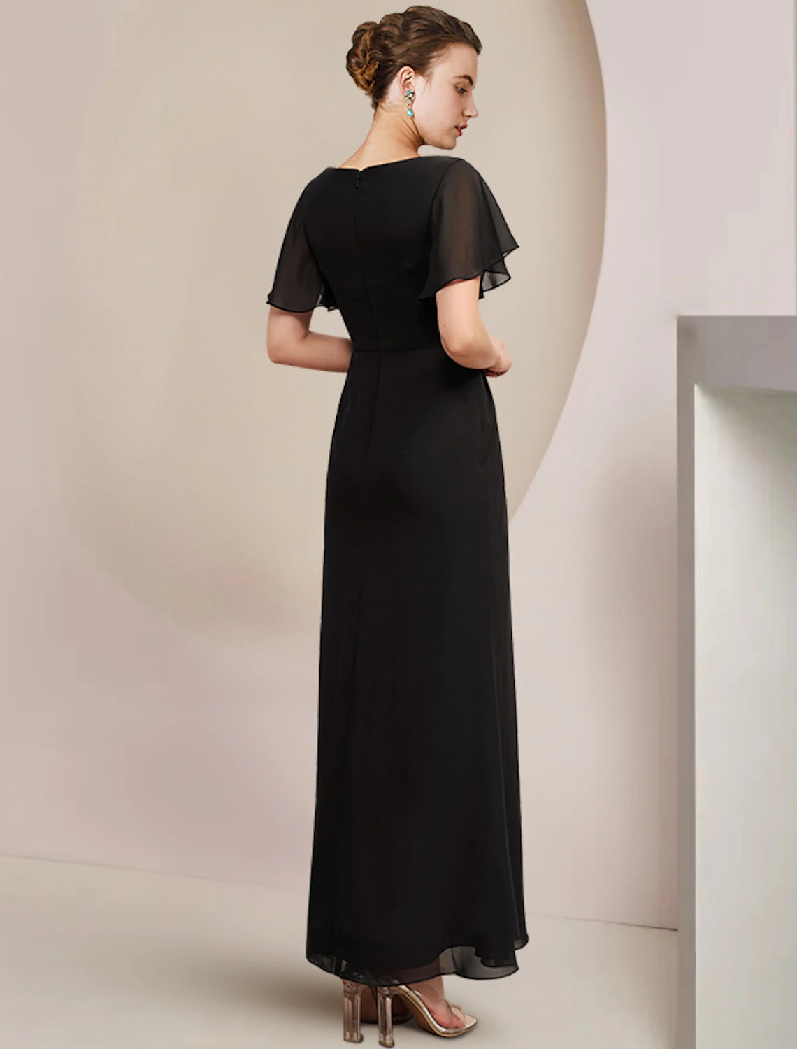 Vestido de Madre de la Novia con Corte Vaina/Columna para Invitadas de Boda Elegante Escote Redondo Largo hasta el Tobillo Gasa Manga Corta con Broche de Cristal Drapeado Lateralmente