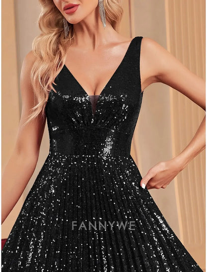 FannyWe Simple A-Line Prom Dresses Party Dress Evening Party Cocktail Party Floor Length Sleeveless Plunge Neck Polyester with Glitter Knief Pleats