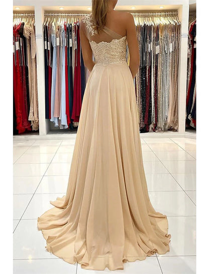 Vestido de fiesta de corte A, sexy, formal, para invitados de boda, cola de corte, sin mangas, un hombro, de gasa con apliques de abertura.