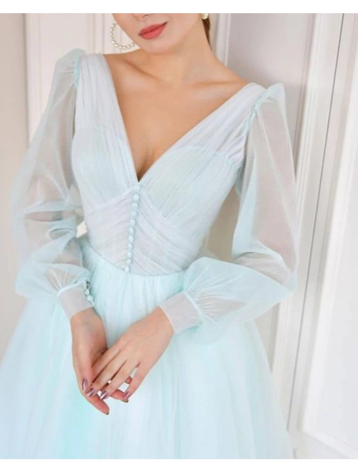 A-Line Minimalist Elegant Party Wear Prom Dress V Neck Long Sleeve Floor Length Tulle with Pleats