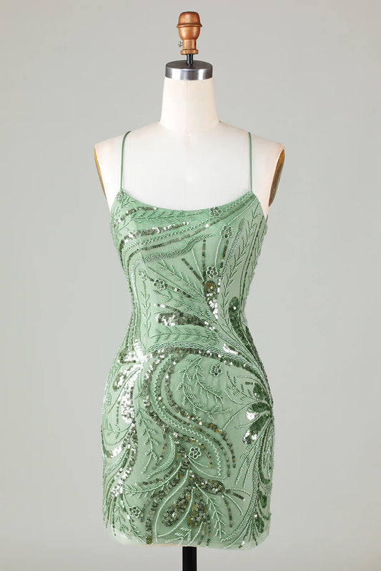 Sparkly Sheath Spaghetti Straps Short Homecoming Dress with Criss Cross Back
