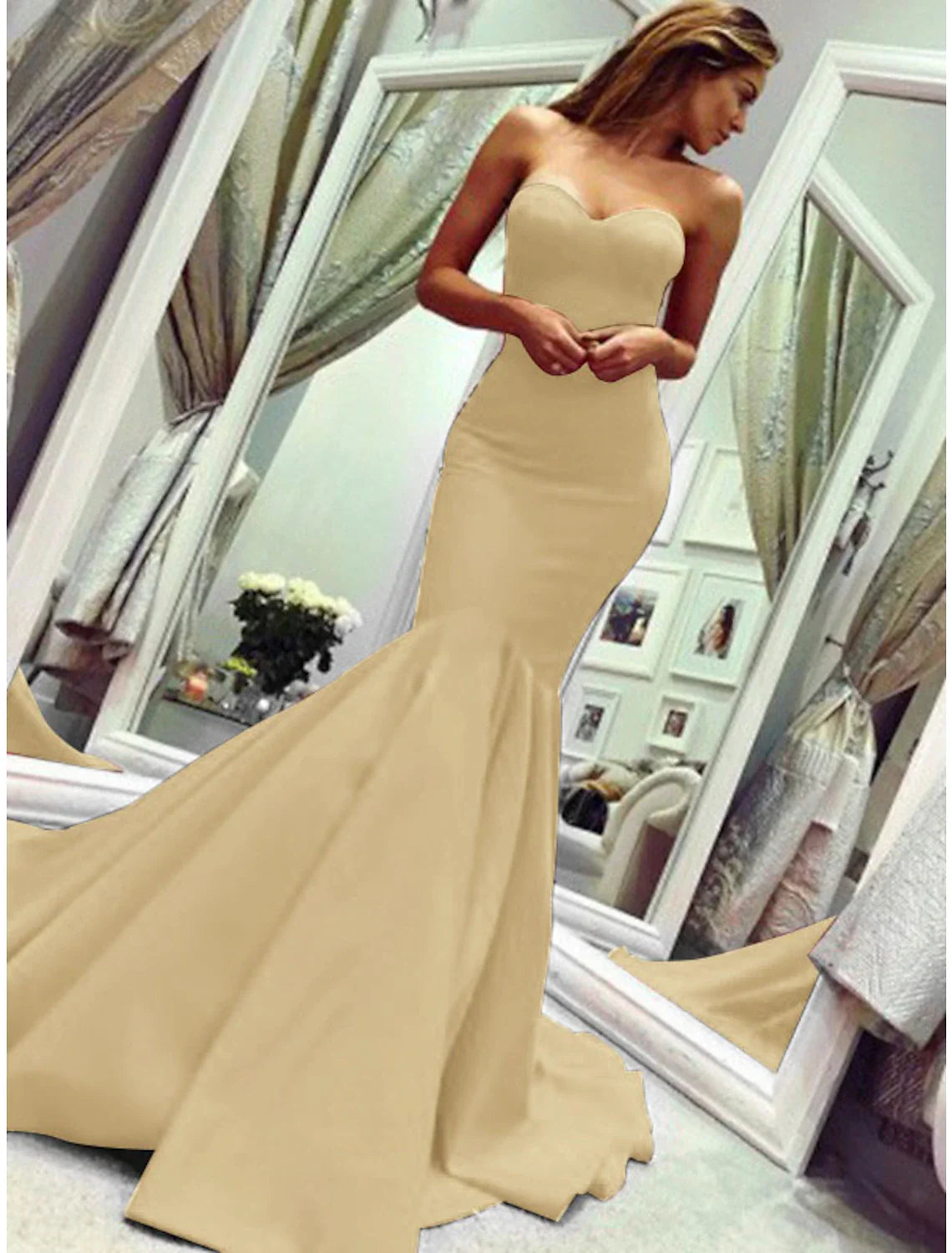 Vestido de fiesta de sirena minimalista, sexy, para invitada de boda, formal, de noche, para San Valentín, sin tirantes, sin mangas, con cola de corte, tejido elástico con pliegues.