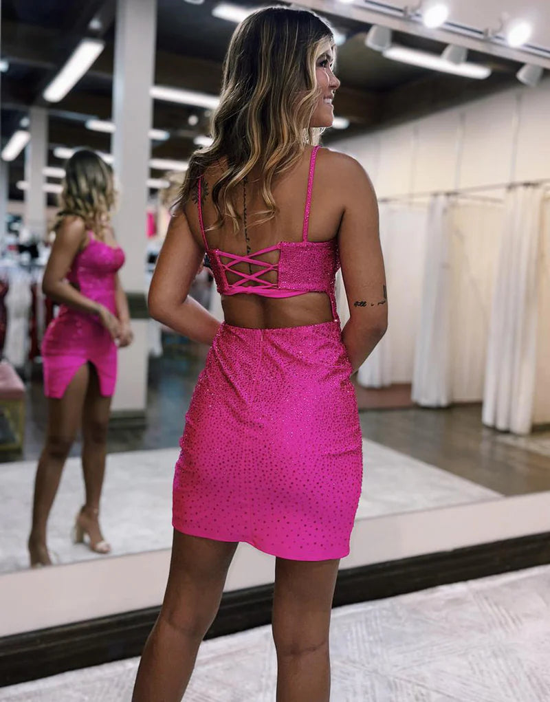 Sheath Beaded Satin Homecoming Dress with Slit