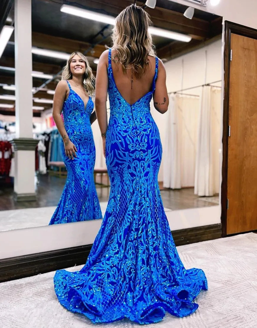 Vestido de fiesta de sirena con escote en V y estampados preciosos