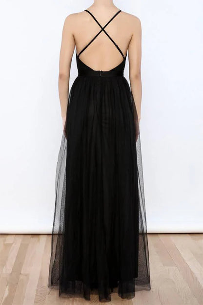 Tulle Sexy V Neck Side Slit Evening Gowns Prom Dresse