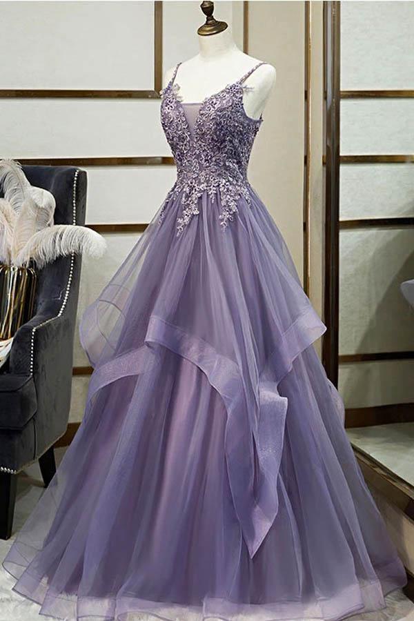 Spaghetti Tulle Lace Applique Straps Prom Dress With